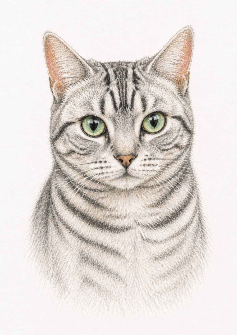 A4 colour-pencil portrait of a silver tabby cat