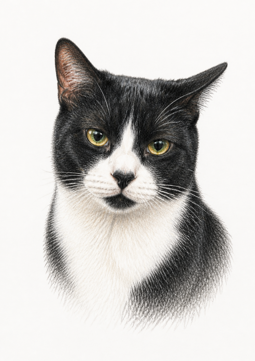 A4 colour-pencil portrait of a black and white tuxedo cat