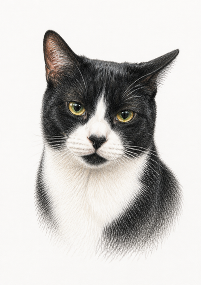Colour-pencil style portrait of a black and white cat